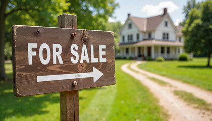 Vintage "For Sale" sign pointing to historic farmhouse, real estate concept