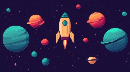 Naklejka premium A vibrant pixel art depiction of a rocket soaring through space among colorful planets, evoking adventure and exploration.