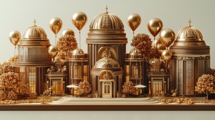 Obraz premium A miniature golden city with trees, balloons, and a large building in the center.