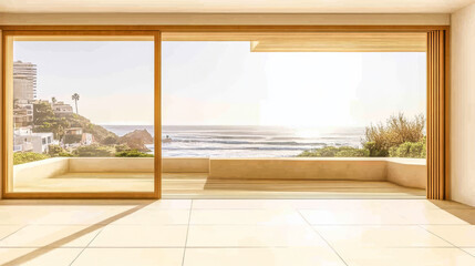 Coastal view from modern living space with sunset light illuminating the interior