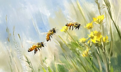 Bees flying towards yellow wildflowers in a sunny meadow