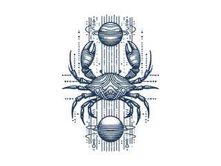 Obraz premium vertical alignment of Line art Cancer Zodiac Sign With celestial cosmic elements. Silhouette Sketch.