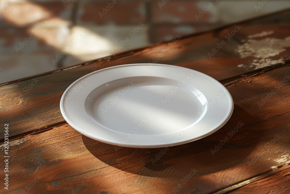 Poster sunlight illuminates an empty white plate on a rustic wooden table, creating an inviting scene for a
