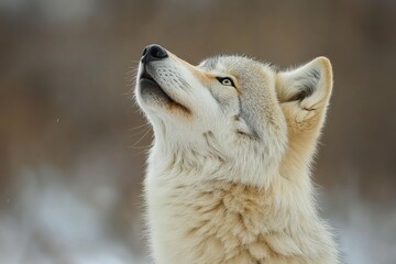 Fototapeta premium Wolf gazes upwards in a serene winter landscape showing intricate fur details and a calm expression
