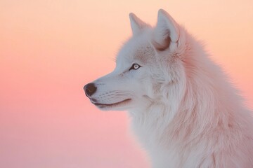 Fototapeta premium Majestic white wolf gazes into the horizon during sunset with soft pastel sky in the background