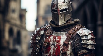 Fototapeta premium Medieval Knight Wearing Armour and Helmet, Draws Sword from Shearh, Ready to Fight, Kill His Enemy in Battle. Warrior Soldier on Battlefield. War, Invasion, Crusade. Cinematic Historic Reenactment