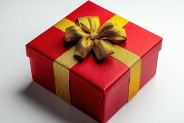 Obraz premium A large red gift box with a luxurious golden ribbon, centered on a pristine white background, featuring subtle shadows and high-definition details.