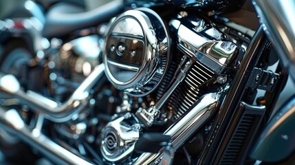 Fototapeta premium A detailed shot of a powerful motor engine, ideal for automotive and technical articles as well as motorbike and car parts adverts.
