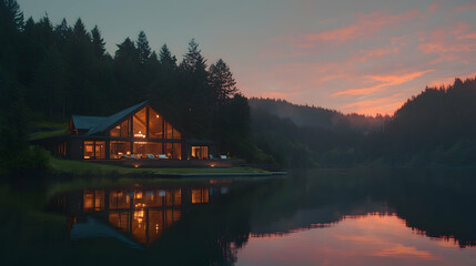 Fototapeta premium Lakeside modern house at sunset, forest background, luxury home