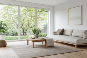Modern living room design featuring large windows and a serene outdoor view in natural light