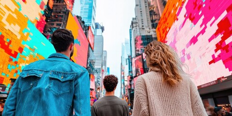 Group of Friends Walking Through Vibrant Times Square with Colorful Digital Advertisements