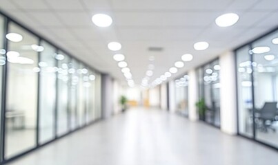 Obraz premium Blurred office hallway with glass walls, bright lights, and plants, ideal for business backgrounds