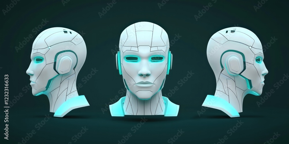 Poster futuristic 3d model of an artificial intelligence robot head with neon accents and abstract design