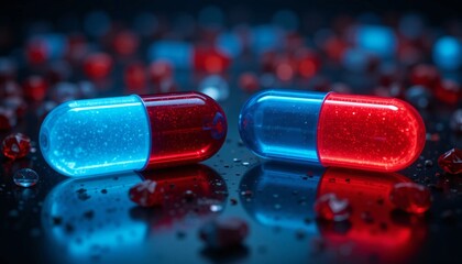 red pill and blue pill, matrix movie style scene, slightly transparent pills kind of neon glowing, dark ambience, 4k