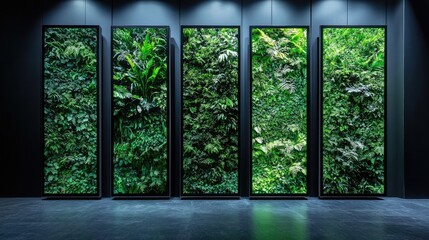 Five vertical gardens in black frames illuminate by spotlights.