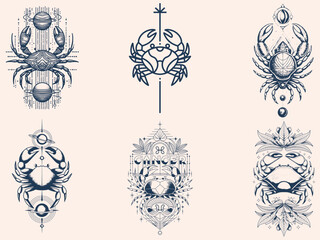 vertical alignment of Line art Cancer Zodiac Sign With celestial cosmic elements. Silhouette Sketch.