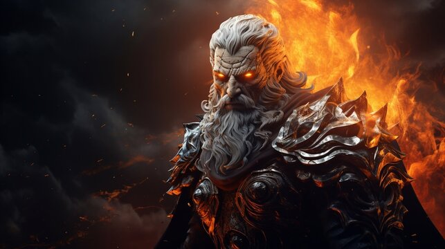 Medieval knight on fire background.