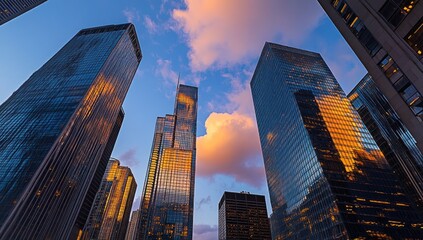 Golden Hour Skyscrapers: A City's Majestic Sunset Reflection