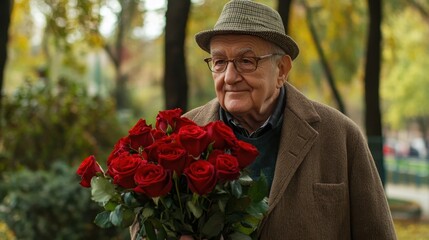 Elderly man in coat and hat with bouquet of red roses in autumn park