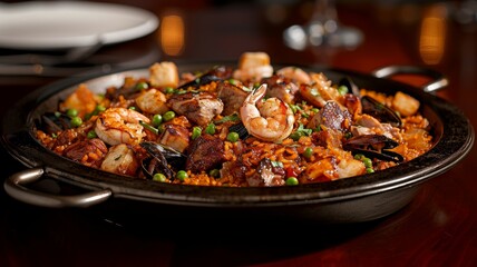 Paella Valenciana: A vibrant platter of paella with golden saffron rice, fresh mussels, prawns, chicken, and green beans.
