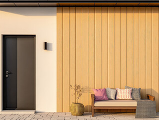 Modern entrance with stylish seating and wooden wall design in a contemporary setting