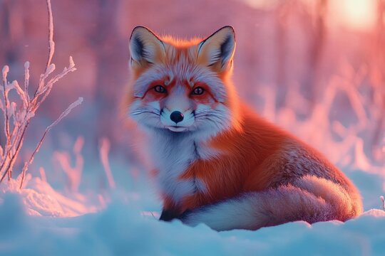 Vibrant red fox resting in a snowy landscape at dawn in a serene winter forest