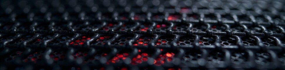 Fototapeta premium Close-up of a black safety net with metal perforated mesh and abstract pattern on an audio speaker grille , audio equipment, protective grid, speaker protection