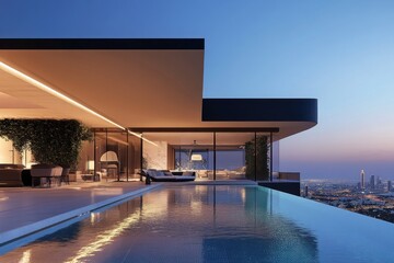Obraz premium Luxury Infinity Pool Villa with Cityscape View