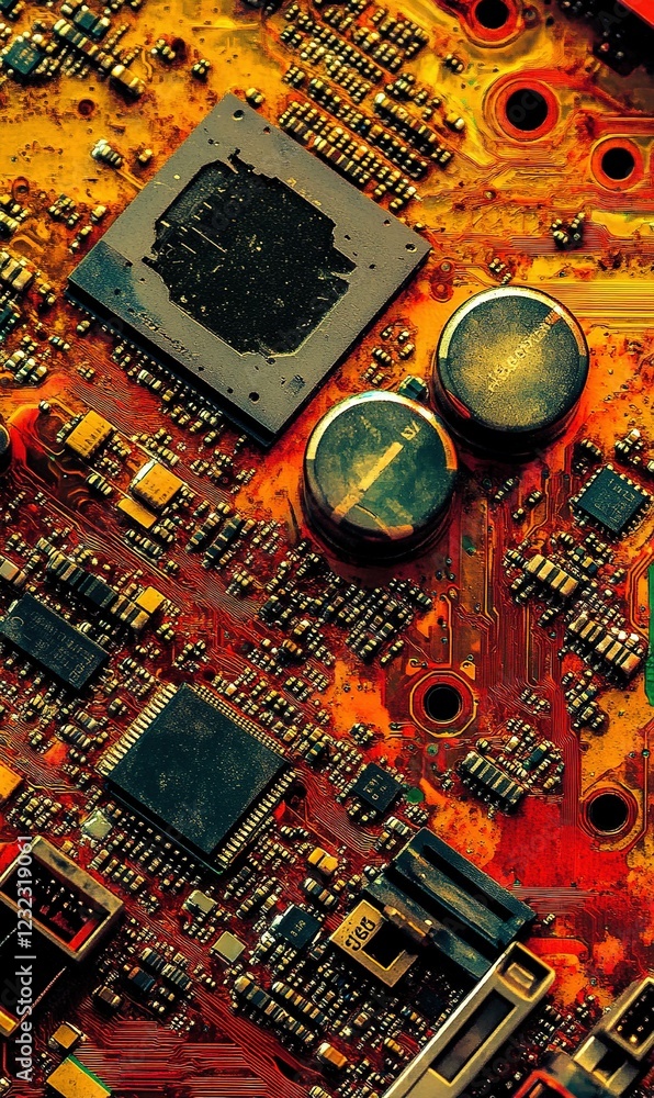 Poster close-up of colorful circuit board, showcasing electronic components and intricate design for tech p