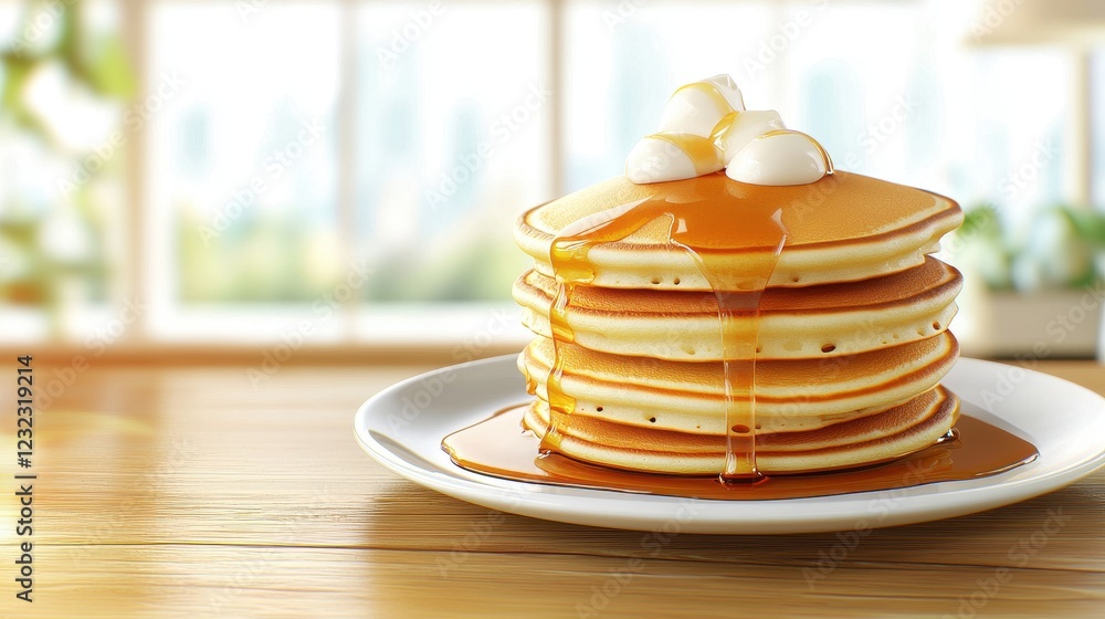 Poster delicious stack of fluffy pancakes with syrup and cream on a bright table setting
