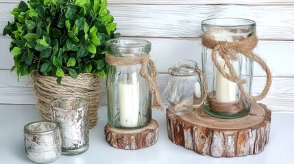Handcrafted Wooden Home Decor with Candle Holders and Greenery