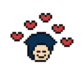 Fototapeta premium Cute pixel cartoon 8bit character man feel love happy happiness heart emotion decoration in love 8 bit male boy happy favorite like mood game isolated PNG vector.