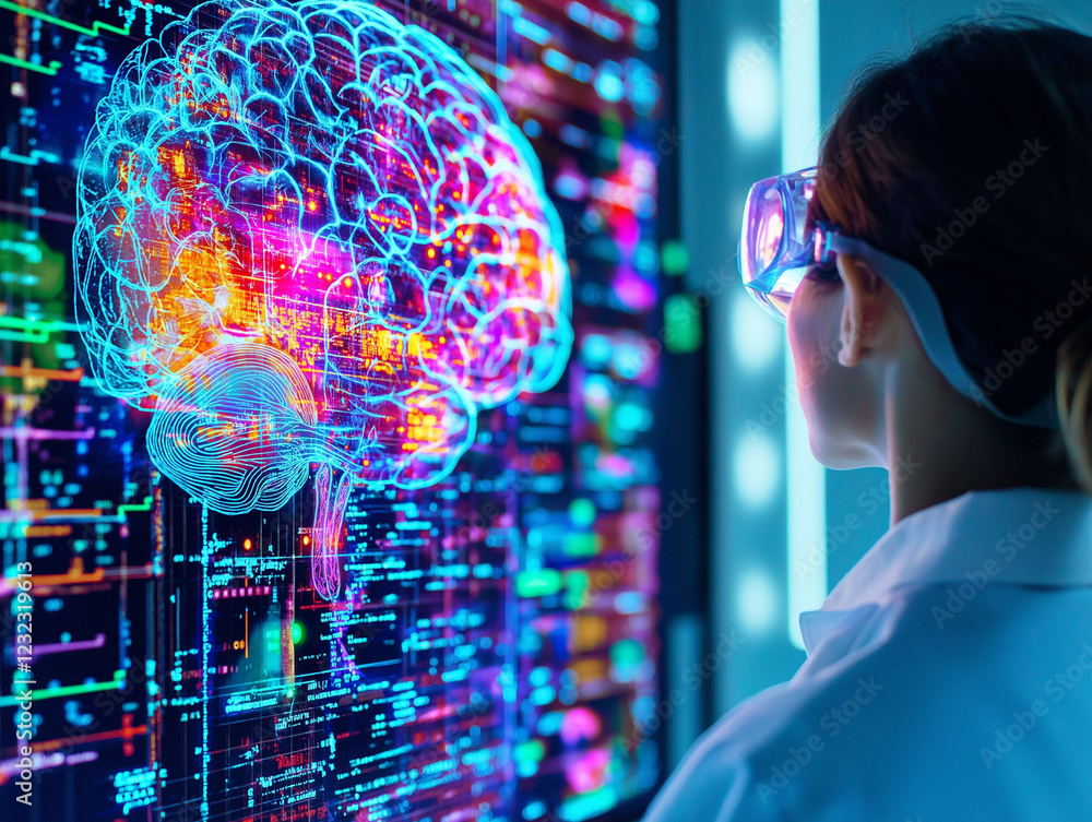 Aufkleber hallucination psychology. hallucinogenic neuroscience. scientist in lab coat analyzing brain scan in