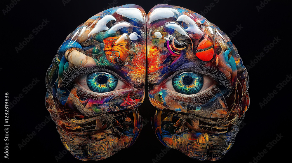 Poster hallucination psychology. hallucinogenic neuroscience. surreal image of a brain showcasing its layer
