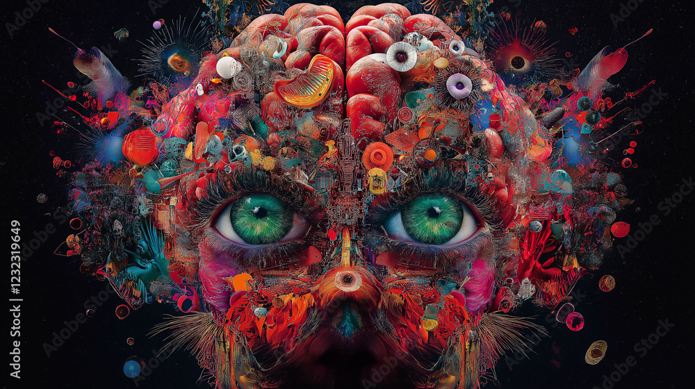 Poster hallucination psychology. hallucinogenic neuroscience. surreal image of a brain showcasing its layer