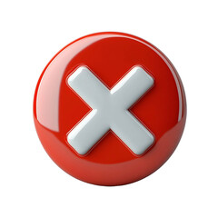 Fototapeta premium White cross X mark on red circle button. No or incorrect sign. 3D render vector icon in cartoon minimal style. White background.