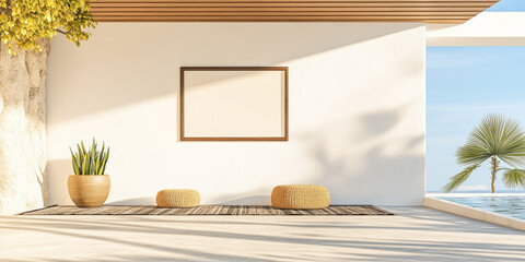 Modern minimalistic interior design with natural elements and ocean view during daytime
