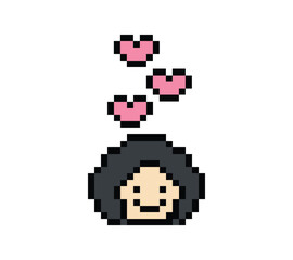 Cute pixel cartoon 8bit character woman lady feel love happy happiness heart emotion decoration in love 8 bit female girl happy favorite like mood game isolated PNG vector.