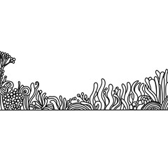 Ocean Set5. Coloring book page for adult. Underwater seabed with algae and corals, line art design and fish.