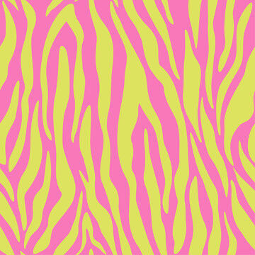 Zebra print seamless pattern, flat vector illustration. Pink and green background, animal texture. Trendy pattern.