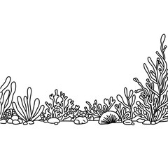 abstract background. Coloring book page for adult. Underwater seabed with algae and corals, line art design and fish.