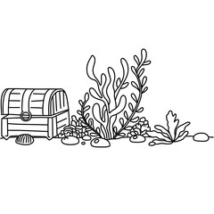abstract background. Coloring book page for adult. Underwater seabed with algae and corals, line art design and fish.