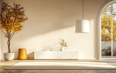 Modern interior design featuring minimalist decor with autumn colors in a bright room
