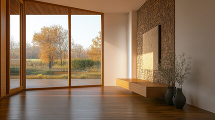 Obraz premium Modern interior design with large windows showcasing autumn landscape by the water