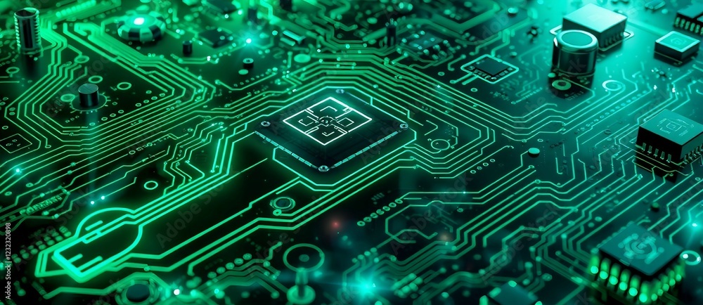 Poster a close-up view of a green circuit board with a microchip and electronic components