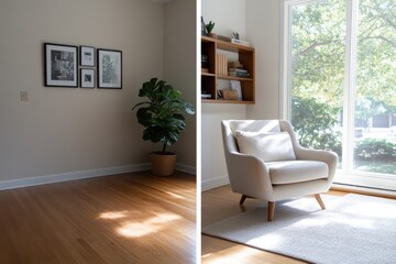 A serene living room featuring a cozy chair, bright sunlight streaming through large windows, and a vibrant plant adding a refreshing touch to the minimalist décor.
