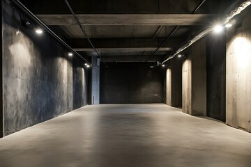 An unoccupied area with concrete walls and spotlights generates a dark industrial vibe, allowing for significant copy space suitable for multiple creative purposes.