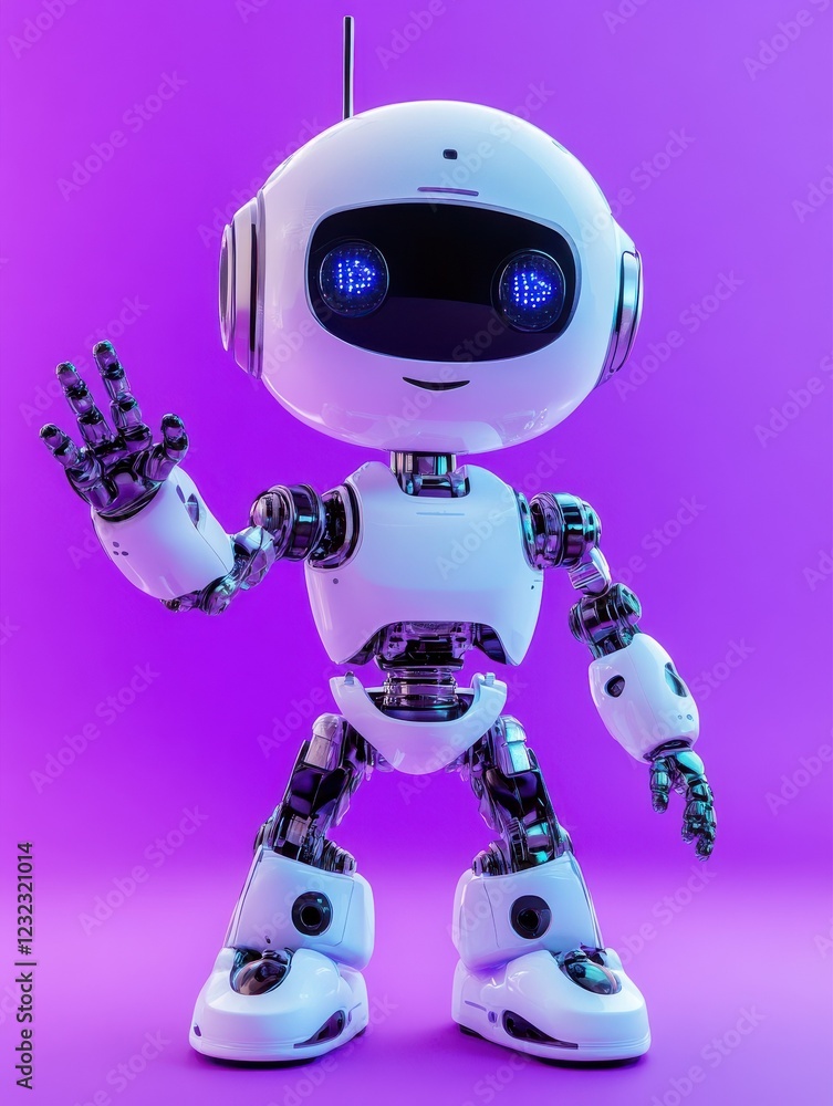 Poster 3d robot in purple background with hand up, expressing hello or support. friendly chatbot renders fo