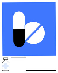 Capsule and split tablet in bold colors with a small medicine bottle illustrating healthcare, pharmaceuticals, dosage, and treatment. Ideal for healthcare, pharmacy, wellness, medication, research