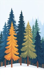 Fototapeta premium Colorful pine trees in snowy winter forest landscape background, ideal for nature themes